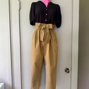 High-Waisted Tan Khaki Pants with Tie Ribbon Waist